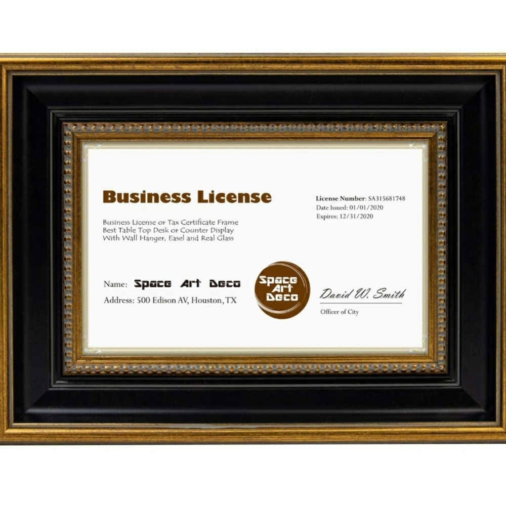 Gold and Black Business License Picture Frame